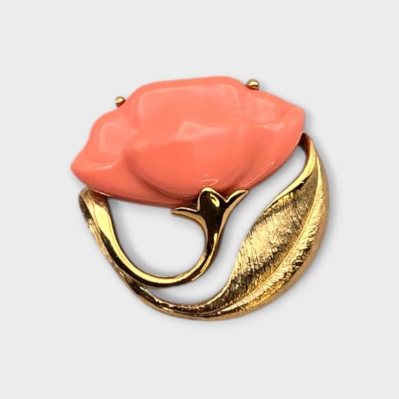 Vintage Avon Coral Rose Flower Brooch Gold Tone with Leaf Accent - Picture 6 of 6